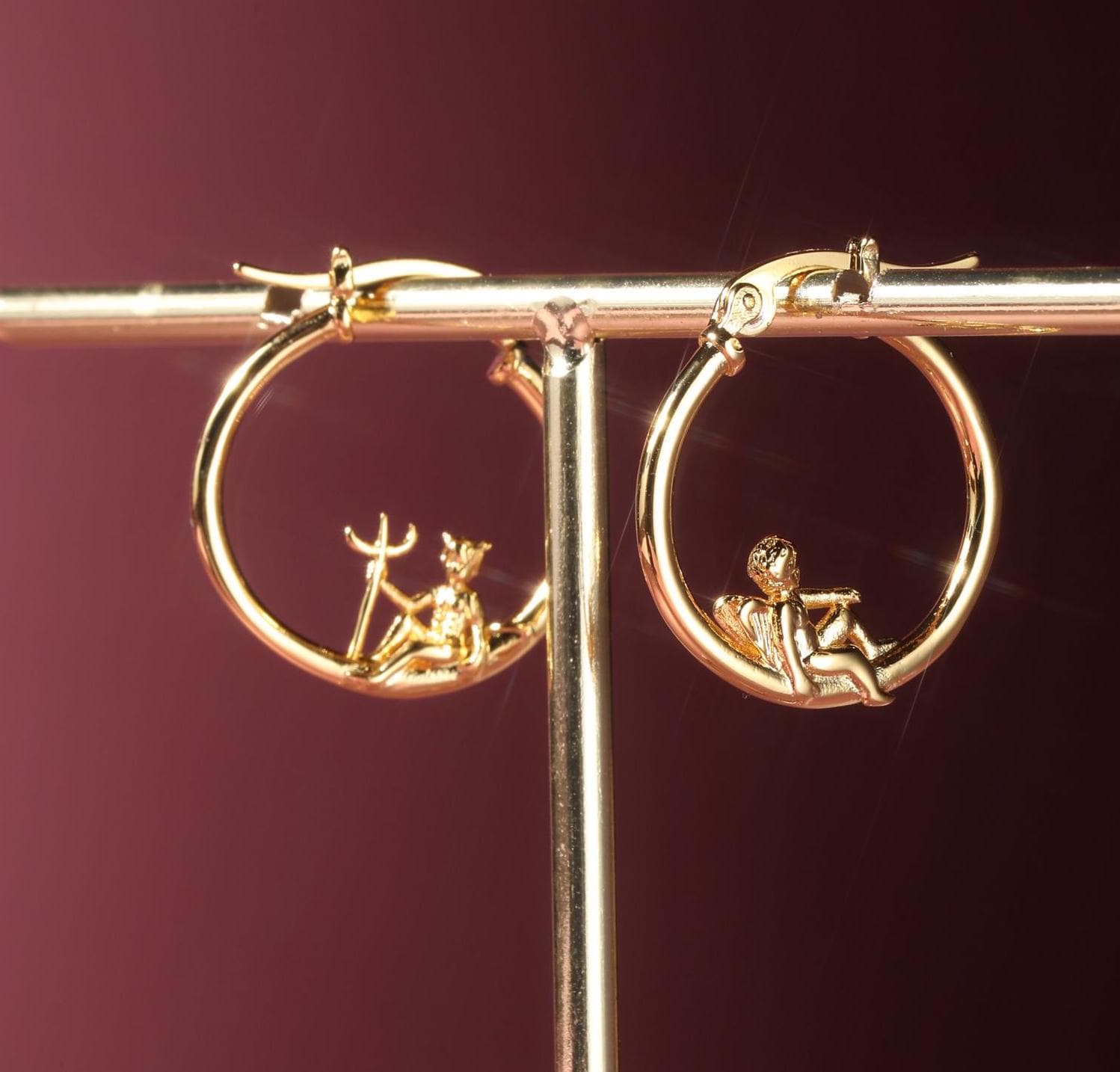 Angel and Devil Hoop Earrings, 18 K Gold Plated ,Adorable Cupid Mismatch Hoop Earrings, Ancient Greek Myth Characters: Eros and Anteros