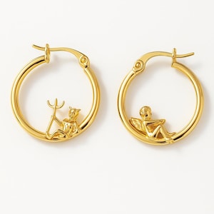 Angel and Devil Hoop Earrings ,18 K Gold Plated, Adorable Cupid Mismatch Hoop Earrings, Ancient Greek Myth Characters: Eros and Anteros