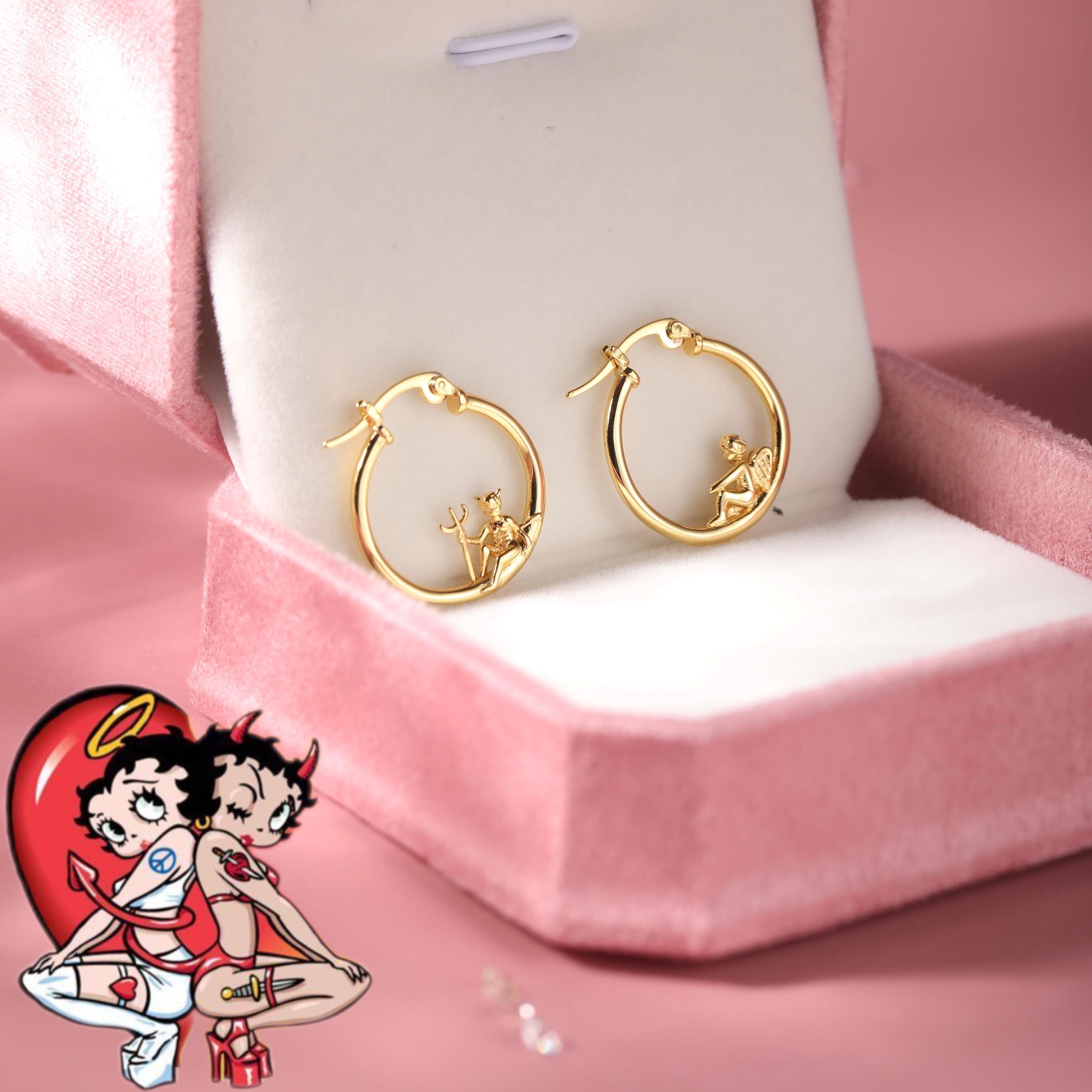 Angel and Devil Hoop Earrings, 18 K Gold Plated ,Adorable Cupid Mismatch Hoop Earrings, Ancient Greek Myth Characters: Eros and Anteros