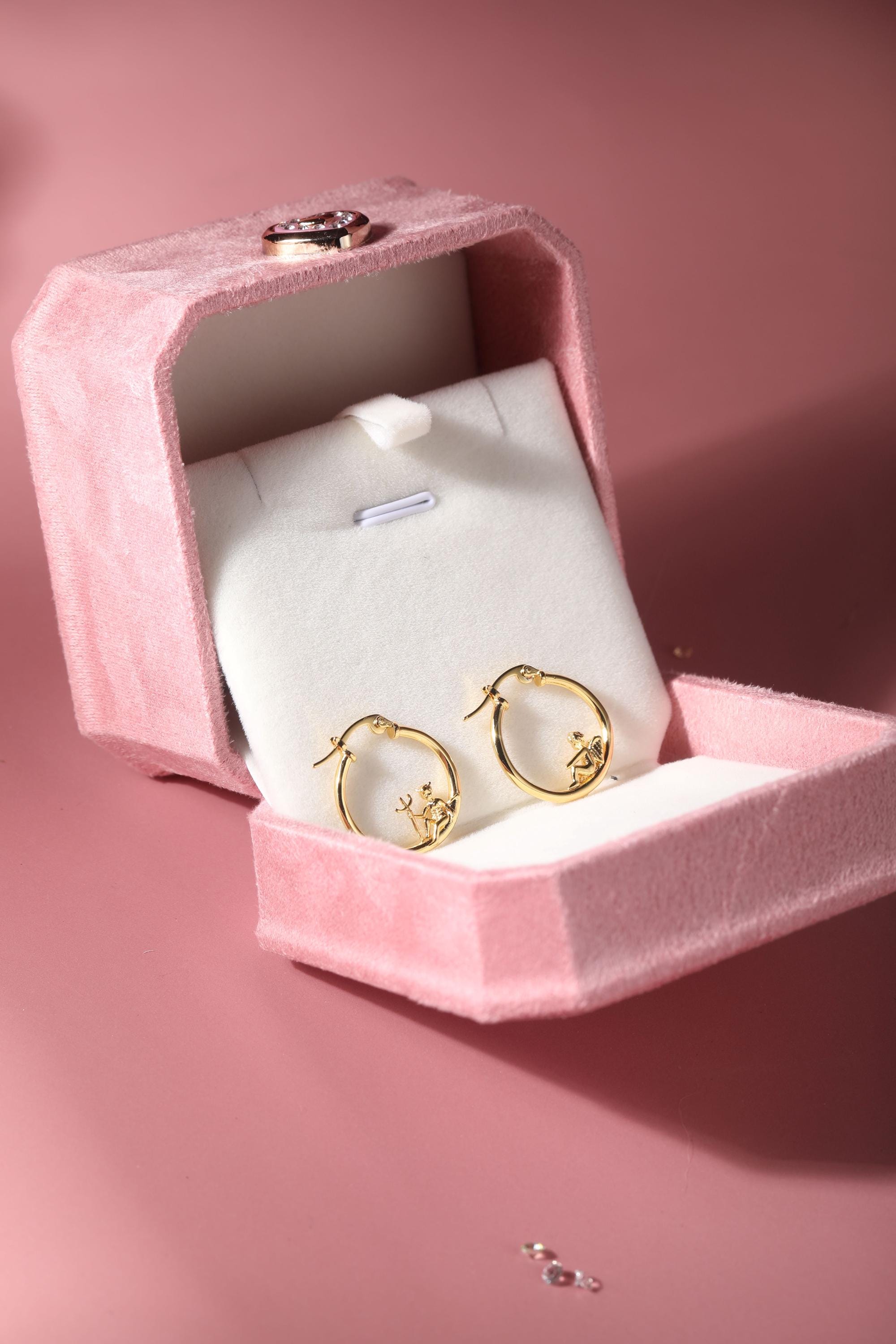 Angel and Devil Hoop Earrings, 18 K Gold Plated ,Adorable Cupid Mismatch Hoop Earrings, Ancient Greek Myth Characters: Eros and Anteros