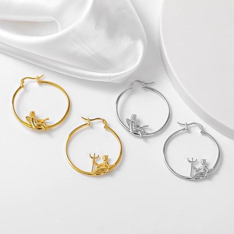 Angel and Devil Hoop Earrings, 18 K Gold Plated ,Adorable Cupid Mismatch Hoop Earrings, Ancient Greek Myth Characters: Eros and Anteros