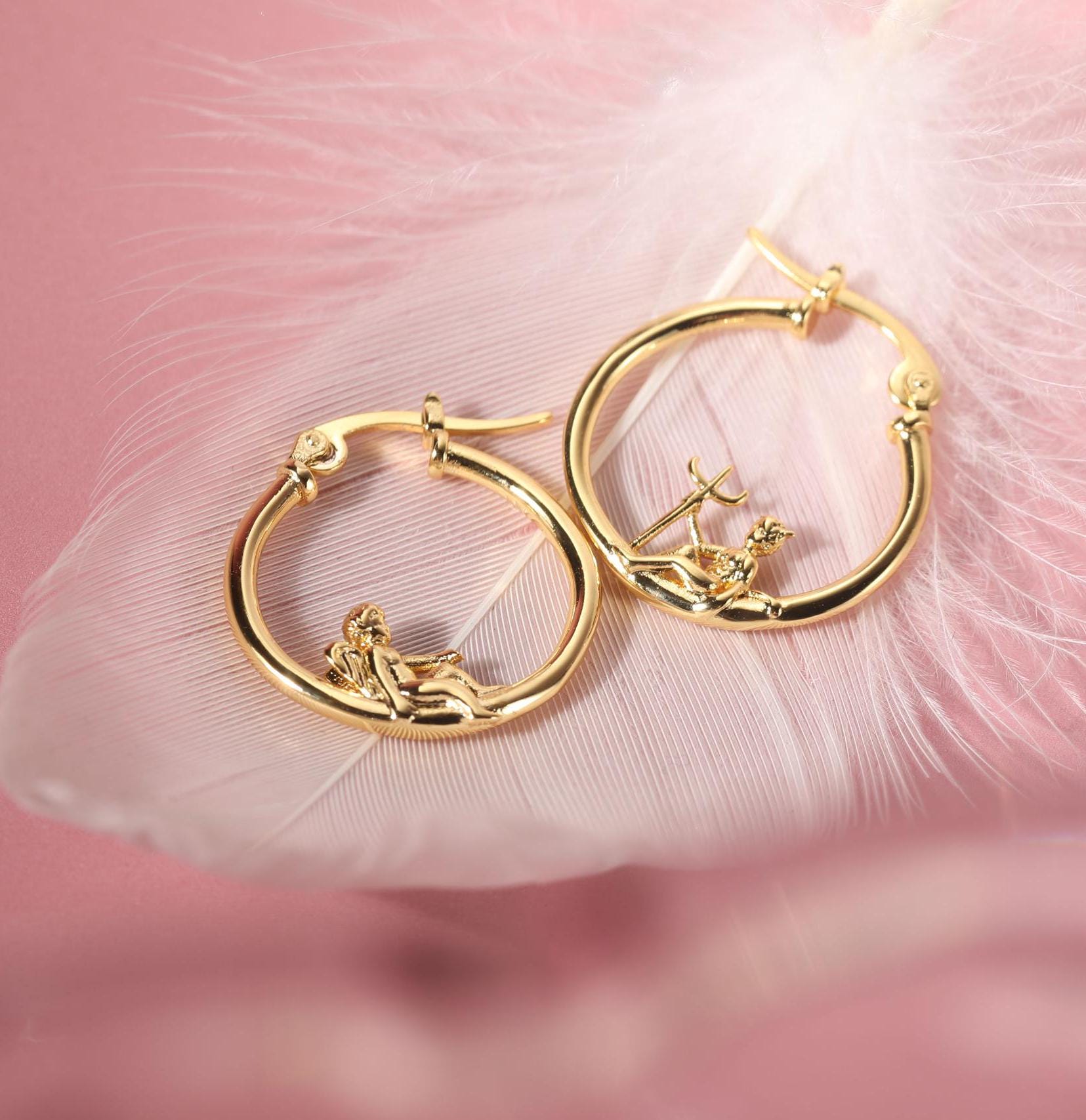 Angel and Devil Hoop Earrings, 18 K Gold Plated ,Adorable Cupid Mismatch Hoop Earrings, Ancient Greek Myth Characters: Eros and Anteros