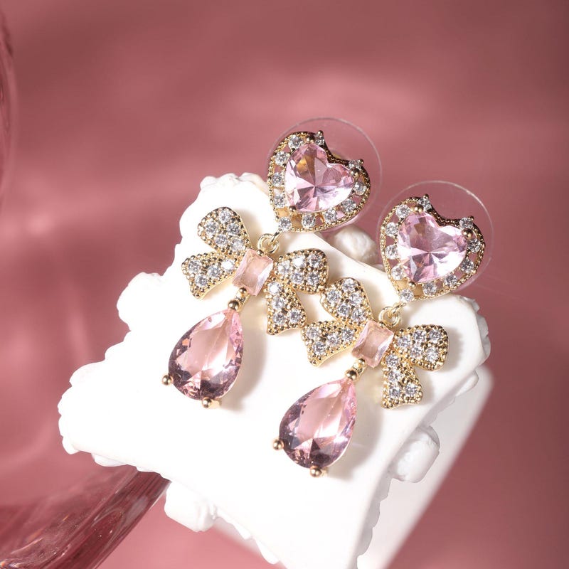 Bow Tie Crystal Post Earring-Pink main image 1