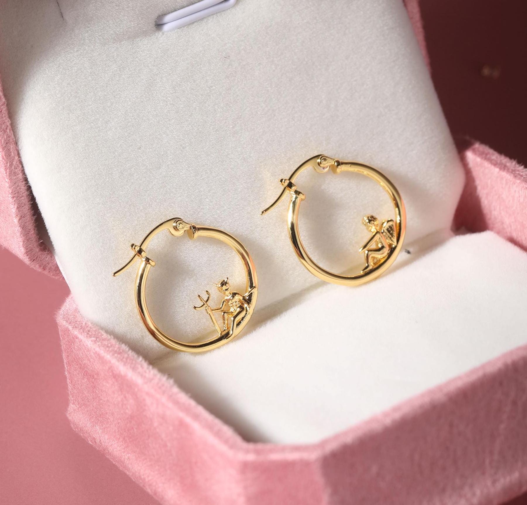 Angel and Devil Hoop Earrings, 18 K Gold Plated ,Adorable Cupid Mismatch Hoop Earrings, Ancient Greek Myth Characters: Eros and Anteros