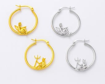 Brincos de argola de anjo e demônio, banhados a ouro 18K, adoráveis brincos de argola de cupido incompatíveis, personagens da mitologia grega antiga: Eros e Anteros