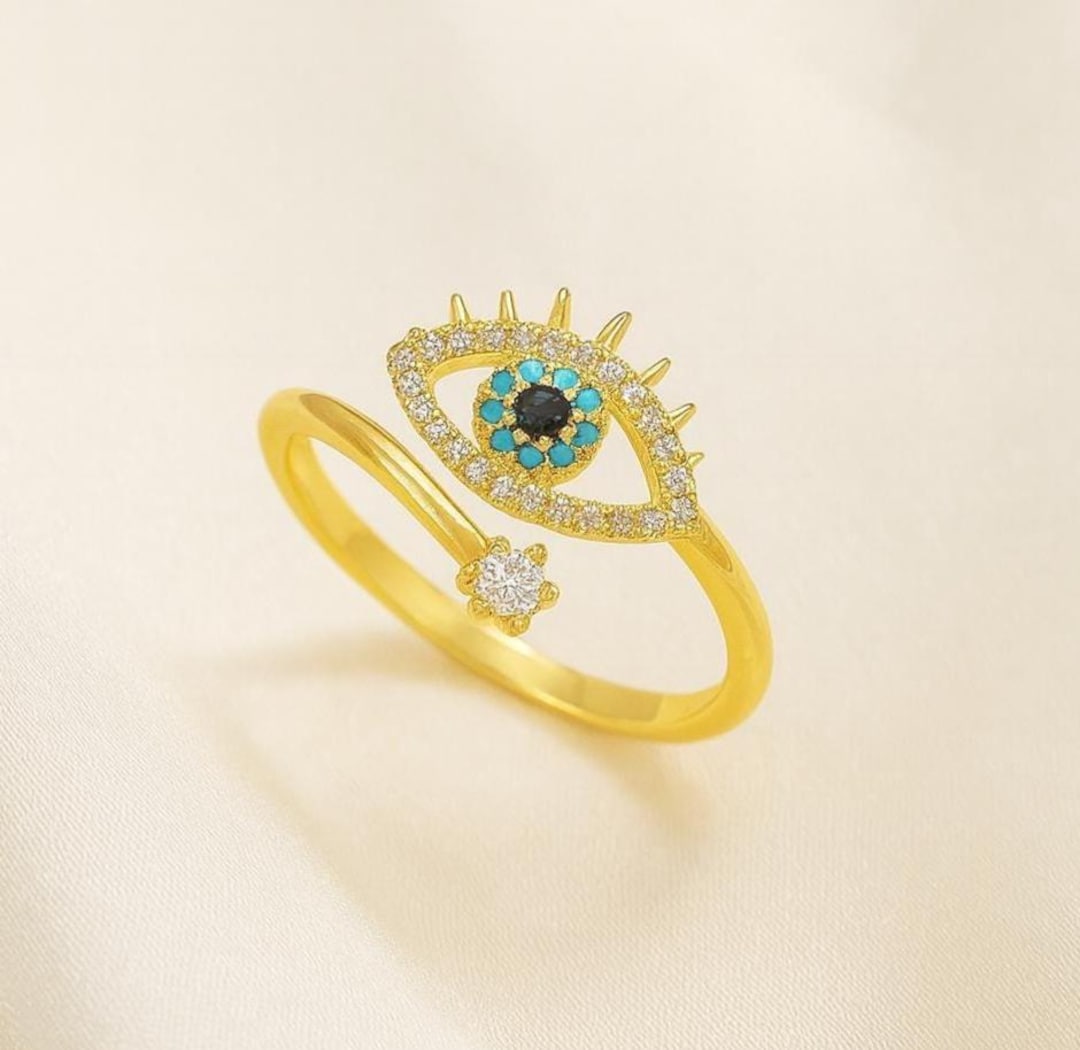 Evil Eye Ring Silver, Adjustable Evil Eye Protection Ring, Dainty Blue ...