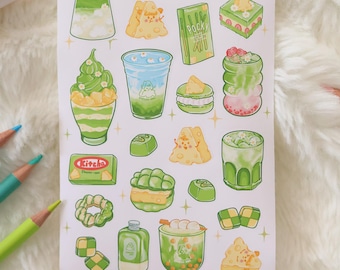 Kawaii Matcha Dessert Sticker Sheet | Japanese Green Tea Planner Decals
