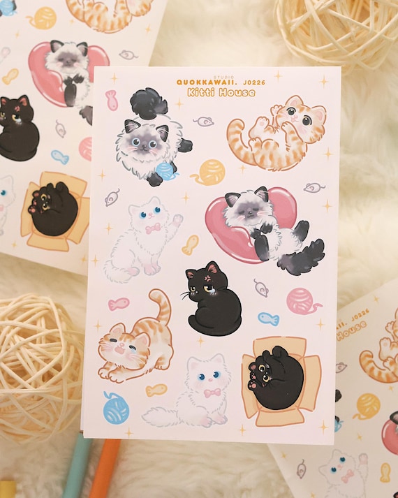 Kawaii Cat Sticker Sheet | Cute Kitty Stickers | Pastel Cat Stickers | Planner, Journal, Scrapbook, Laptop Decals