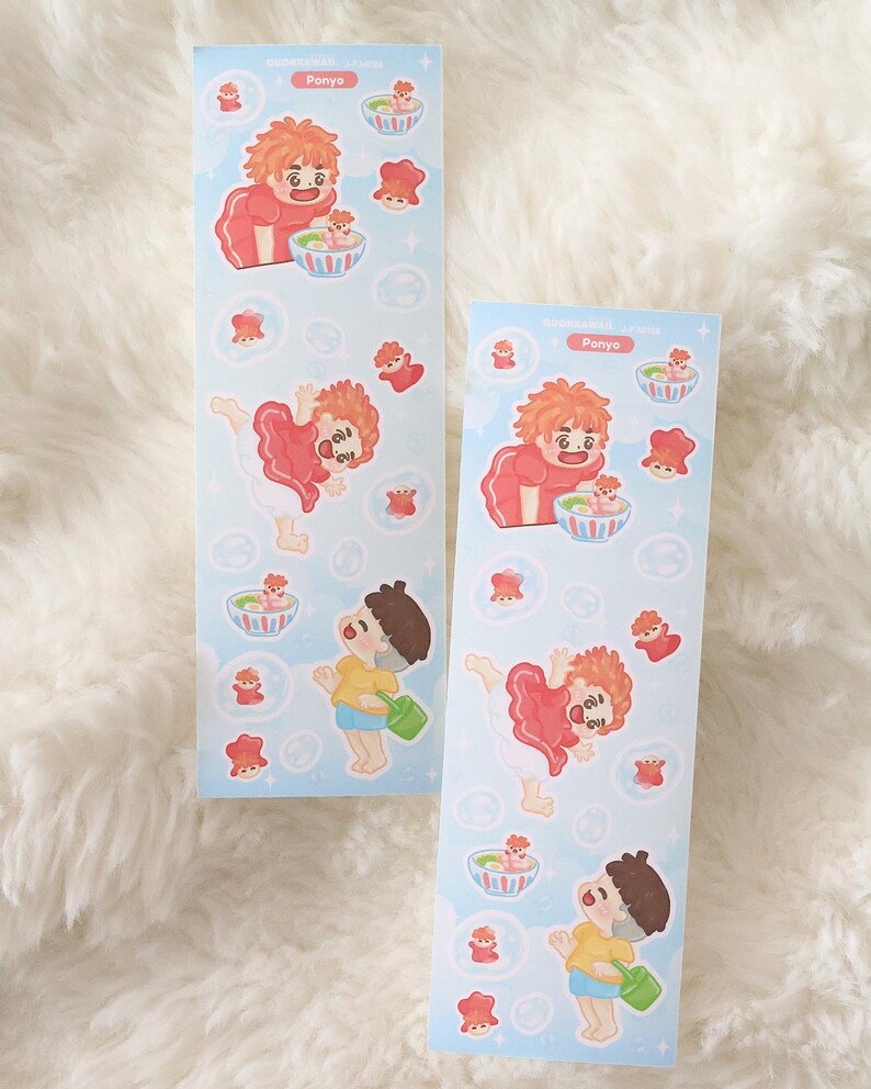 May include: Two sticker sheets with illustrations of characters from the animated film "Ponyo." The stickers have a light blue background with bubbles and small red and white decorative elements. The characters are depicted in various poses.