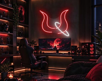 May include: A wall-mounted neon sign featuring a stylized red and white horn-shaped design. The sign is positioned above a computer monitor displaying a landscape with a red moon, set within a room with dark shelving, a gaming chair, and red lighting.