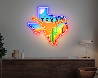 Insegna al neon con mappa dello stato del Texas - Stampa UV, arredamento western