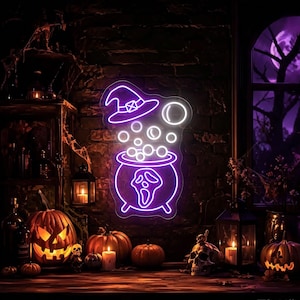 May include: A purple neon sign featuring a witch hat above a cauldron with bubbles and a ghost-like face design. The sign emits a bright glow against a dark brick wall, showcasing a clear outline of the hat, the round pot, and floating circles.