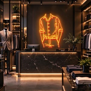 Könnte beinhalten: Ein Ladengeschäft mit einer Empfangstheke aus dunklem Marmor und einem leuchtend orangefarbenen Neonschild, das den Umriss eines Hemdes und einer Hose zeigt. Links steht eine Schaufensterpuppe in einem beigen Anzug neben Kleiderstangen.