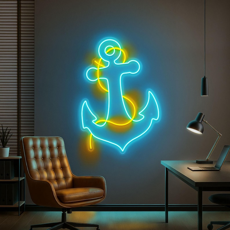 Letrero de neón de ancla: luz LED de pared náutica para casa de playa, decoración costera, letrero de bar o baño, arte de pared personalizado inspirado en el mar. Picture 1