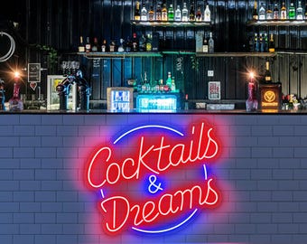 Cocktails & Dreams LED Neon Sign, Custom Bar Light, Arcade Sign