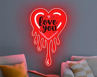 Melting Heart Neon Sign, 'Love You' UV Print, Romantic Wall Decor