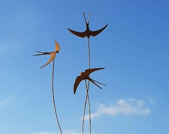 Cuffy's Original Rusty Triple Metal Swallow Scuplture Hand Made In Devon Garden Art Decoration