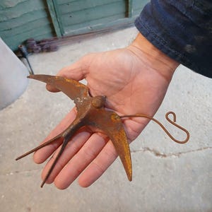 May include: A rusty metal sculpture of a swallow with a wire tail. The sculpture is held in a person's hand.