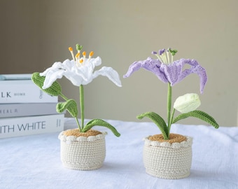 May include: Two crocheted lily flowers in pots. The lily on the left is white with yellow centers and the lily on the right is purple. Both flowers are in cream-colored crocheted pots.