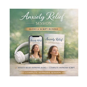 Könnte beinhalten: Anxiety Relief Session-Bundle mit Smartphone, Buch und Kopfhörern. Smartphone und Buch zeigen den Text "Anxiety Relief - Hypnosis" mit einem Frauenbild. Der Text "Audio & Script Bundle" ist ebenfalls sichtbar.