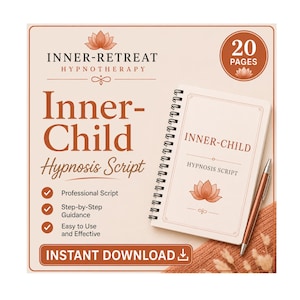 Könnte beinhalten: Ein spiralgebundenes Notizbuch mit dem Titel Inner-Child Hypnosis Script und einem passenden Stift. Das Cover zeigt ein Lotus-Symbol und den Text 20 PAGES. Der Hintergrund zeigt den Text INNER-RETREAT HYPNOTHERAPY, Inner-Child Hypnosis Script und INSTANT DOWNLOAD.