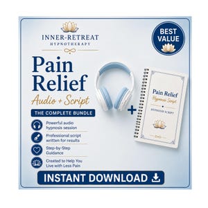 Peut inclure: Un ensemble numérique comprenant un casque audio bleu clair et blanc à côté d'un carnet à spirales intitulé Pain Relief Hypnosis Script. Le graphique affiche le texte Inner-Retreat Hypnotherapy, Pain Relief Audio + Script, The Complete Bundle et Instant Download avec des icônes représentant l'audio, l'écriture, un cœur et un lotus.