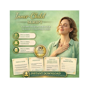 Könnte beinhalten: Ein digitaler Download mit dem Titel "Inner-Child Script" mit einem grünen und goldenen Design. Das Bild enthält Text wie "A Hypnotherapy Script for Healing Your Inner Child" und "Instant Download!" mit 20 Seiten. Eine Frau ist im Bild zu sehen.