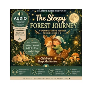 Könnte beinhalten: Cover für den digitalen Download von "The Sleepy Forest Journey", einer geführten Meditation für Kinder. Das Bild zeigt ein Kind, das ein Reh umarmt, vor einem Waldhintergrund, einem Vollmond und dem Text "Children's Sleep Meditation."