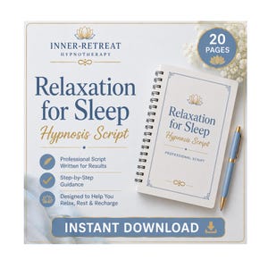May include: A spiral-bound notebook titled Relaxation for Sleep Hypnosis Script with 20 pages, featuring a blue and gold lotus logo, professional script text, step-by-step guidance, and a light blue pen, with an Instant Download button at the bottom.