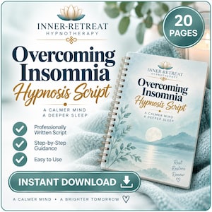 May include: A 20-page spiral-bound hypnosis script titled Overcoming Insomnia Hypnosis Script by Inner-Retreat Hypnotherapy. The cover features a moonlit landscape illustration with text reading A Calmer Mind, A Deeper Sleep, and Rest Restore Renew.