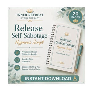 Könnte beinhalten: Ein spiralgebundenes Notizbuch mit dem Titel Release Self-Sabotage Hypnosis Script und einem türkisfarbenen Stift. Das Cover zeigt ein Lotus-Symbol, Text über professionelle Skripte, Schritt-für-Schritt-Anleitungen und 20 Seiten. Unten ein Download-Button.