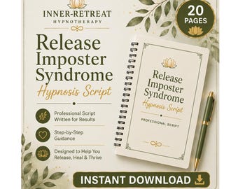 Puede incluir: Un cuaderno de espiral titulado Release Imposter Syndrome Hypnosis Script de 20 páginas, con cubierta color crema, texto verde oscuro y detalles botánicos. Un bolígrafo verde oscuro a juego descansa junto al cuaderno, que incluye un guion profesional, guía paso a paso y una etiqueta de descarga instantánea.