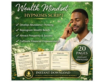 May include: A digital download graphic with the text "Wealth Mindset HYPNOSIS SCRIPT" and a man with his eyes closed. The graphic includes the text "Develop Abundance Thinking" and "Instant Download". The graphic is 20 pages.