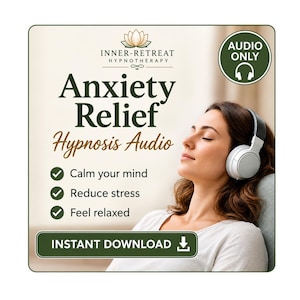 Könnte beinhalten: Eine digitale Grafik für Inner-Retreat Hypnotherapy Anxiety Relief Hypnosis Audio. Sie zeigt Text, ein Lotus-Symbol und eine Person mit weißen Over-Ear-Kopfhörern und geschlossenen Augen. Enthält die Punkte: Calm your mind, Reduce stress, Feel relaxed.