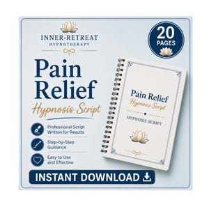 Könnte beinhalten: Ein spiralgebundenes Notizbuch mit dem Titel Pain Relief Hypnosis Script mit 20 Seiten. Das Cover zeigt ein Lotus-Symbol, blauen und goldenen Text sowie das Logo von Inner-Retreat Hypnotherapy. Die Grafik enthält Punkte zu professionellem Skript, Schritt-für-Schritt-Anleitung und Sofort-Download.