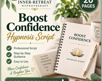 Könnte beinhalten: Ein spiralgebundenes Notizbuch mit dem Titel Boost Confidence Hypnosis Script, einer Lotusblütengrafik, einem weißen Stift und einer kleinen Karte mit der Aufschrift Calmer Braver Stronger Happier You. Der Text enthält Inner-Retreat Hypnotherapy, 20 Pages und Instant Download.