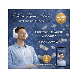 May include: An advertisement for a hypnosis audio program. The image features a man wearing white headphones, with text that reads "Release Money Blocks" and "Hypnosis Audio." The background includes falling dollar bills and a smartphone displaying the program.
