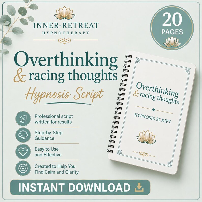 May include: A spiral-bound notebook titled Overthinking & racing thoughts Hypnosis Script with 20 pages. The cover features a lotus icon, text, and decorative lines in dark teal and gold. Includes bullet points for professional script and guidance.