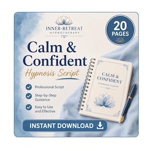 Könnte beinhalten: Ein spiralgebundenes Notizbuch mit dem Titel Calm & Confident Hypnosis Script, einer blauen Lotusgrafik und einem passenden blauen Stift. Auf dem Einband steht Calm & Confident Hypnosis Script und ein kreisförmiges Abzeichen zeigt 20 Pages an. Ein Instant Download-Button ist sichtbar.