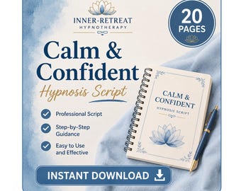 Könnte beinhalten: Ein spiralgebundenes Notizbuch mit dem Titel Calm & Confident Hypnosis Script, einer blauen Lotusgrafik und einem passenden blauen Stift. Auf dem Einband steht Calm & Confident Hypnosis Script und ein kreisförmiges Abzeichen zeigt 20 Pages an. Ein Instant Download-Button ist sichtbar.