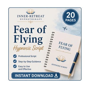Peut inclure: Un document de 20 pages intitulé Fear of Flying Hypnosis Script avec une reliure à spirale et un stylo bleu foncé. La couverture présente une icône de fleur de lotus et le texte Fear of Flying Hypnosis Script. Inclut des coches pour le script professionnel, les conseils étape par étape et la facilité d'utilisation.