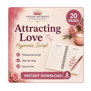 Puede incluir: Un documento digital titulado Attracting Love Hypnosis Script de Inner-Retreat Hypnotherapy. El diseño presenta un cuaderno de espiral, un bolígrafo, una vela y detalles florales. Incluye 20 pages, professional script, step-by-step, easy to use y el texto instant download.