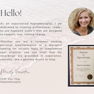 Pode incluir: Um cart&atilde;o de perfil profissional com o texto Hello! seguido de uma descri&ccedil;&atilde;o de servi&ccedil;os de hipnoterapia. Inclui um retrato circular de uma pessoa sorridente, um diploma em hipnoterapia para Wendy Vousden e uma assinatura.