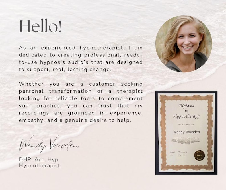 Pode incluir: Um cart&atilde;o de perfil profissional com o texto Hello! seguido de uma descri&ccedil;&atilde;o de servi&ccedil;os de hipnoterapia. Inclui um retrato circular de uma pessoa sorridente, um diploma em hipnoterapia para Wendy Vousden e uma assinatura.