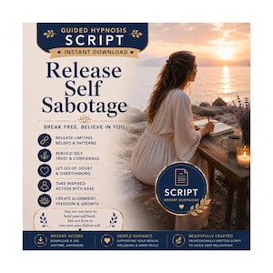 May include: A digital guided hypnosis script titled Release Self Sabotage, featuring text about breaking free and believing in yourself. The design includes icons for releasing limiting beliefs, rebuilding confidence, and creating growth, with an instant download badge.