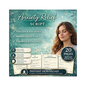Könnte beinhalten: Anxiety Relief Skript mit türkisem Hintergrund. Das Skript verspricht, Ruhe zu finden, Anspannung abzubauen und Sorgen zu lindern. Enthält Induktion, Vertiefung und Vorlagen für Therapeuten. Das Bild zeigt auch eine Frau mit geschlossenen Augen und dem Text "20 Pages Instant Download!"