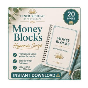 May include: A spiral-bound notebook titled Money Blocks Hypnosis Script with a teal pen and a 20 pages badge. The cover features a lotus icon and text including Inner-Retreat Hypnotherapy, Professional Script, Step-by-Step Guidance, and Instant Download.