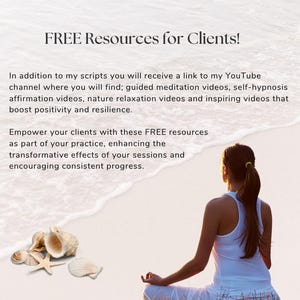 Op de afbeelding: Afbeelding met de tekst "FREE Resources for Clients!" en een vrouw die op het strand mediteert. De tekst vermeldt geleide meditatievideo's, zelfhypnose en natuurontspanningsvideo's. Schelpen staan op de voorgrond.