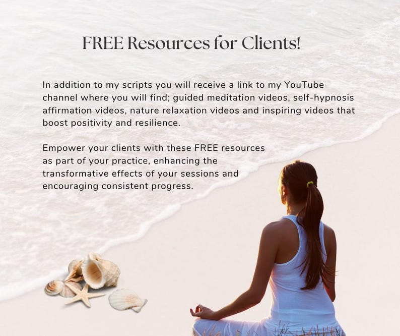 Op de afbeelding: Afbeelding met de tekst "FREE Resources for Clients!" en een vrouw die op het strand mediteert. De tekst vermeldt geleide meditatievideo's, zelfhypnose en natuurontspanningsvideo's. Schelpen staan op de voorgrond.