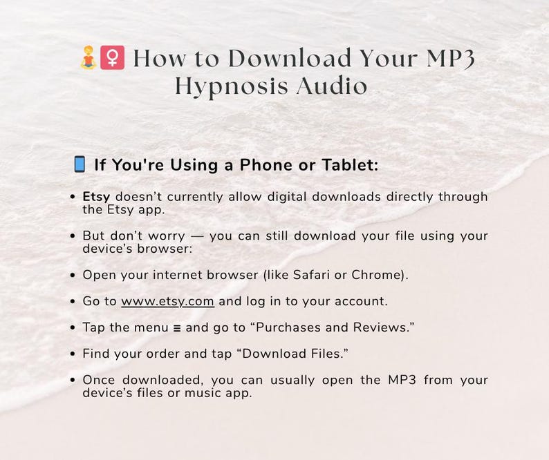 Pode incluir: Um gr&aacute;fico informativo intitulado How to Download Your MP3 Hypnosis Audio. Descreve os passos para utilizadores m&oacute;veis acederem a ficheiros digitais atrav&eacute;s de um navegador web, indicando que a aplica&ccedil;&atilde;o Etsy n&atilde;o suporta transfer&ecirc;ncias diretas.